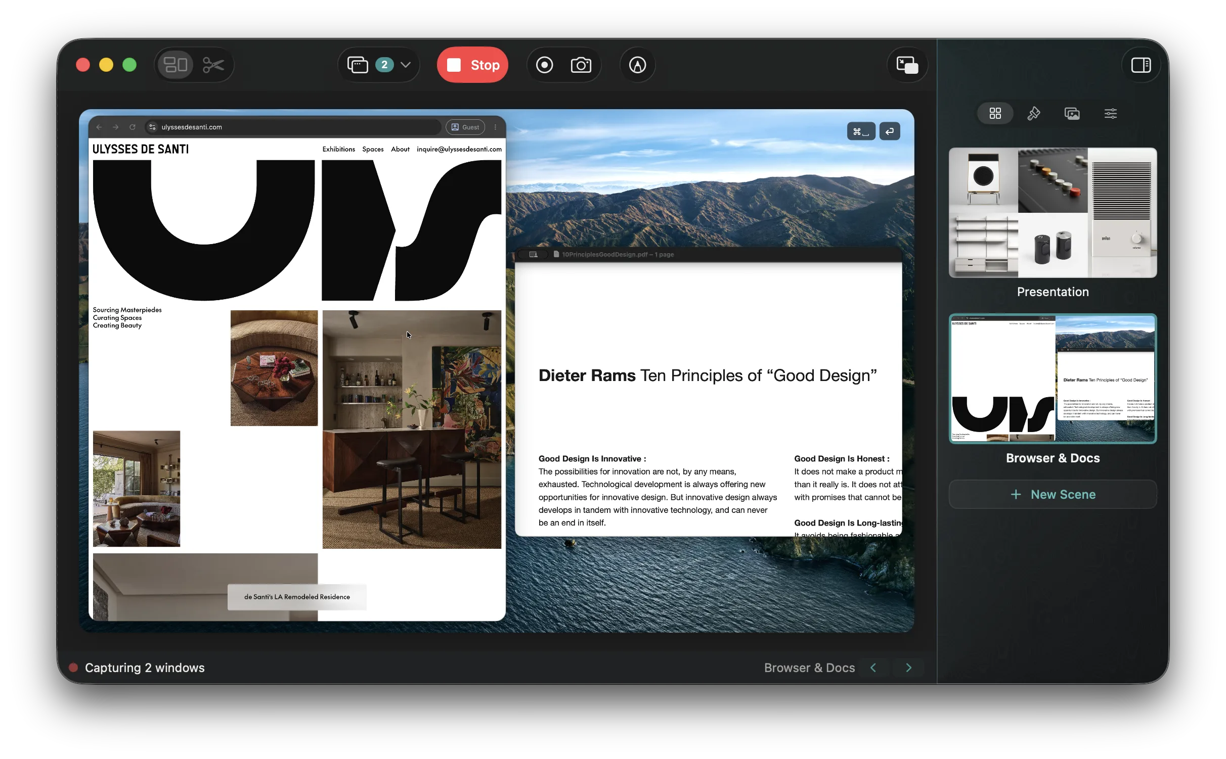 The Sel main window capturing two windows into a scene, with the scene list in the sidebar